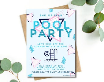 Pool Party Invitation - End of Year Party - Editable Invitation Template - Printable - Pool Party - 90s Theme