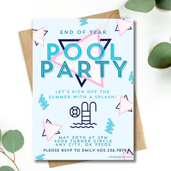 Pool Party Invitation - End of Year Party - Editable Invitation Template - Printable - Pool Party - 90s Theme