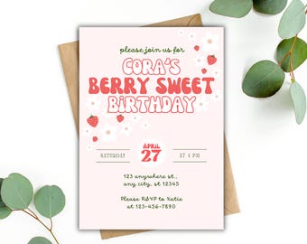 Berry Sweet Birthday Invitation Template: Retro Kids Party, Editable (5x7in, Digital Download)