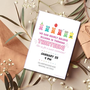 Convite para festa de aniversário de ursinho de goma - Modelo de convite editável - Para impressão - Bearly Believe Gummy Bear Kids Party