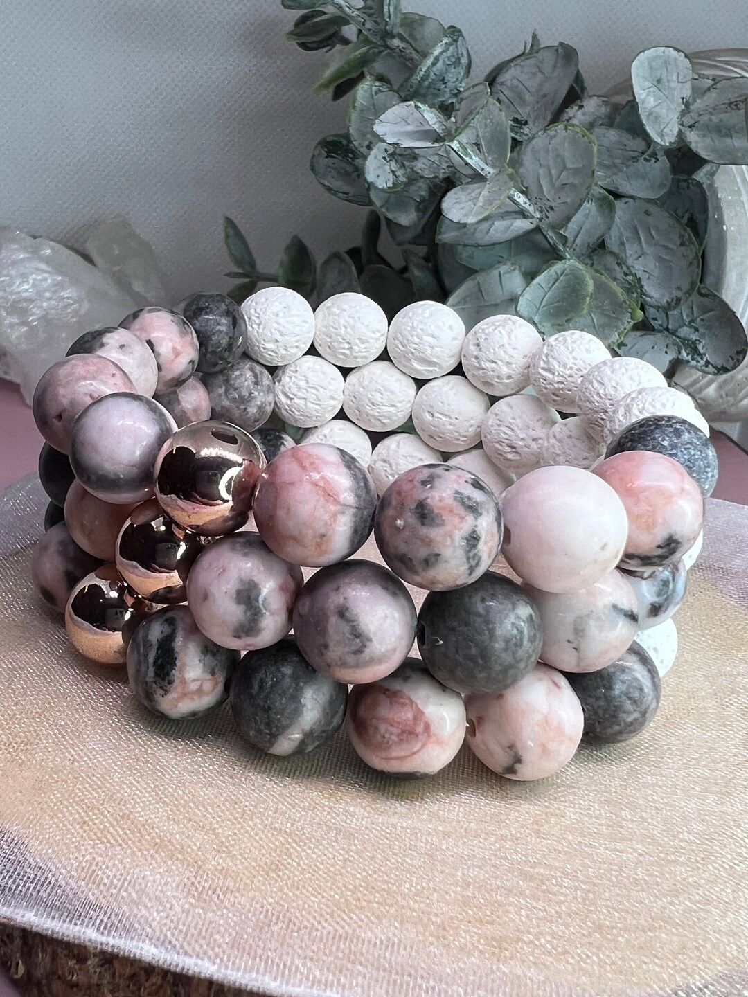 Pink Zebra Jasper and Lava Diffuser Bracelet choice of Black or White ...