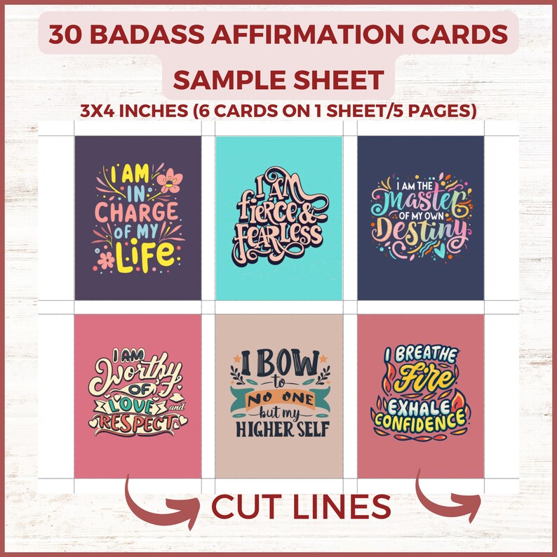 May include: A sample sheet of 30 affirmation cards, each measuring 7.62cm x 10.16cm. The cards feature colourful, handwritten text with positive affirmations such as "I am in charge of my life" and "I breathe fire, exhale confidence".