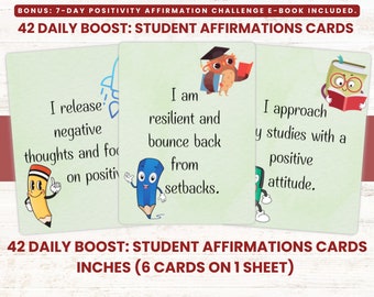 Tarjetas de afirmación diarias imprimibles para estudiantes, Afirmaciones de estudiantes, Afirmaciones positivas para estudiantes, Tarjetas de afirmación de estudiantes digitales