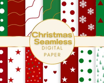 May include: A collection of digital paper patterns featuring Christmas themes in red, green, and white. Designs include white snowflakes, red stars, green circles, hearts, and pine trees. A central circular label displays the text Christmas Seamless Digital Paper.