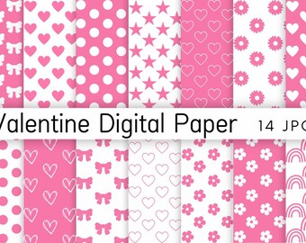 May include: A collection of 14 digital paper patterns featuring pink and white color schemes. Designs include bows, solid hearts, polka dots, stars, outlined hearts, flowers, and rainbows. The text Valentine Digital Paper 14 JPG is centered.