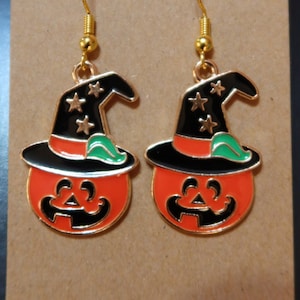 Halloween Jack O Lantern Pumpkin Witch Hat Earrings
