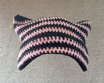 Black and Pink Striped Cat Beanie