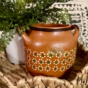 May include: A terracotta-colored ceramic pot with two handles and a dark brown rim. The pot is decorated with a pattern of white and green floral designs. The pot is sitting in a woven basket, with greenery in the background.