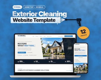 Könnte beinhalten: Eine Figma-Website-Vorlage für Außenreinigungsdienste, dargestellt auf einem Laptop und einem Smartphone. Das Design enthält den Text Exterior Cleaning Website Template, 12 Pages und Stonewell Exterior Cleaning.