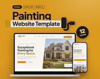 Könnte beinhalten: Eine Figma-Website-Vorlage für Malerarbeiten, dargestellt auf einem Laptop und einem Mobiltelefon. Das Design umfasst einen gelben Hintergrund, schwarzen Text und ein Hausbild mit der Überschrift Exceptional Painting for Every Space.