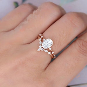 1.25 Ct Oval moissanite engagement ring set, Rose gold engagement ring, vintage engagement ring,Promise Anniversary gift,wedding Bridal ring