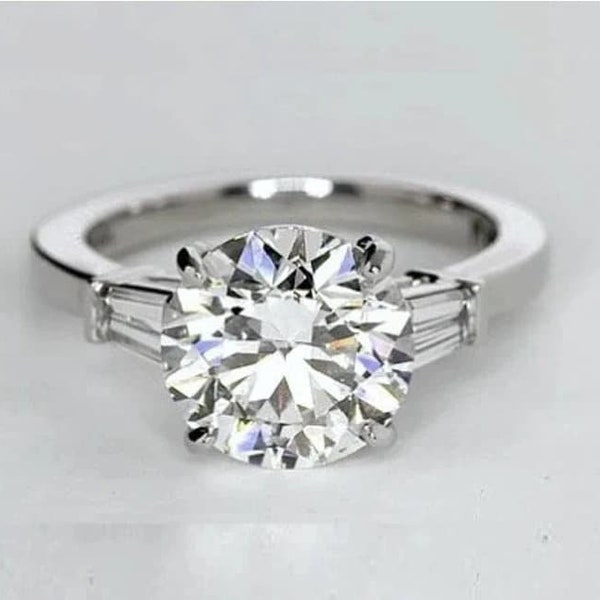 3CT Round Cut Moissanite Solitaire Ring, Baguette Accents Diamond Ring wedding 925 Sterling Silver, 14K/18k Gold