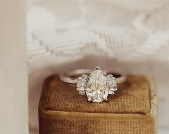 Vintage White Gold Engagement Ring Forever One Moissanite Diamond Ring Anniversary Ring Pear Diamond Ring Halo Art Deco Ring Wedding Ring .