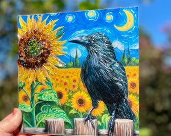 Crow and Sunflower Art: Van Gogh Style, Glass & Resin, 8x8