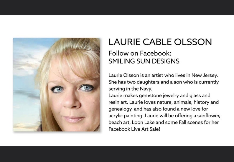 K&ouml;nnte beinhalten: Ein Portr&auml;t von Laurie Cable Olsson, einer K&uuml;nstlerin, die in New Jersey lebt. Sie stellt Schmuck aus Edelsteinen, Glas und Kunstharz her. Sie liebt die Natur, Tiere, Geschichte, Genealogie und Acrylmalerei. Folgen Sie ihr auf Facebook: Smiling Sun Designs.