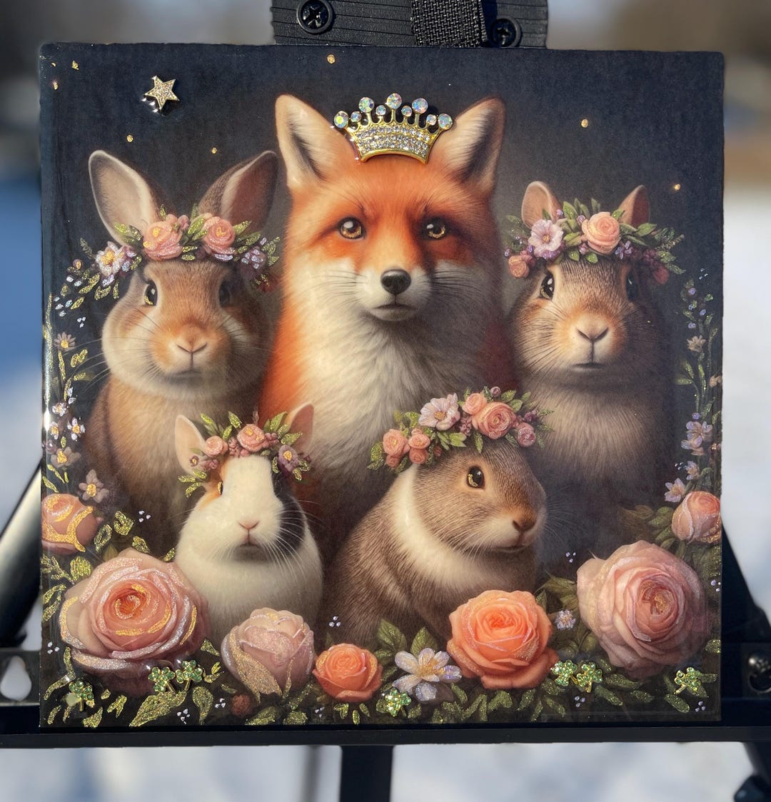 Fox Rabbit Art Woodland Animal Art: Crowned Fox, Rabbits, Floral - 8x8 Mixed Media - Etsy