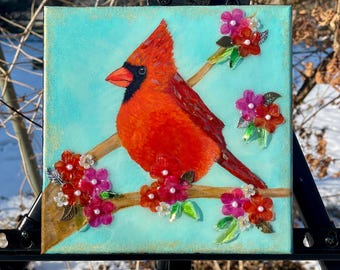 Cardinal Acrylic Painting with Glass and Resin - 8x8 Canvas Wall Art