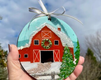 Handpainted Red Barn Ornament – Sparkling Holiday Art, 5x5 Wood