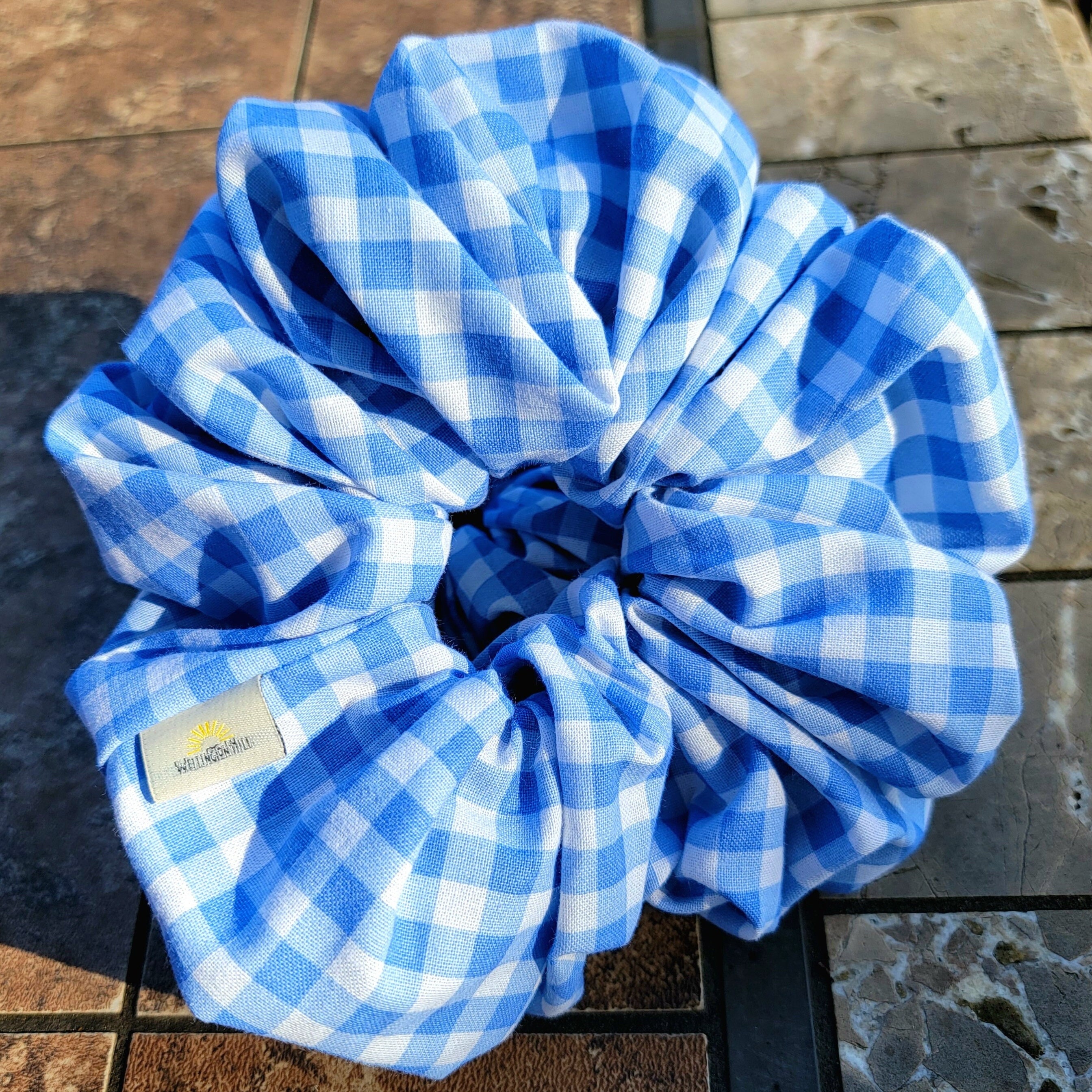 XXL Gingham Scrunchie: Blue and White Check Cotton Hair Tie  display picture 3