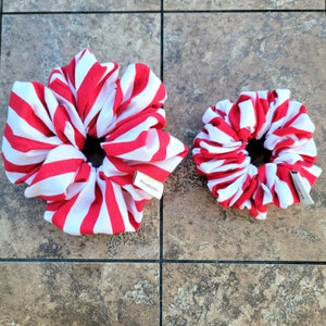 May include: Two red and white striped fabric hair scrunchies. The larger scrunchie has a white tag with the text "Wonderfully" on it. The smaller scrunchie has a white tag with the text "Wonderfully" on it.