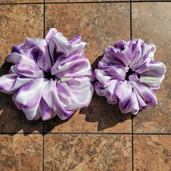 Scrunchie Lilac White Tie-dye Satin Lavender XXL Jumbo Large Silk Satin Fabric Gift for Her Hair Accessories Thick Hair Types Soft Smooth