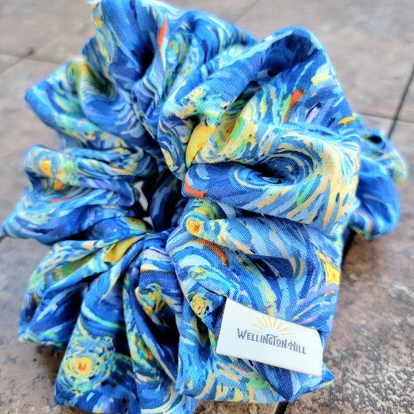 Scrunchie Starry Night Sky XXL Jumbo Large Cotton Fabric Gift for Her Hair Accessories for Thick Hair Types Blue Yellow Multicolor Van Gogh