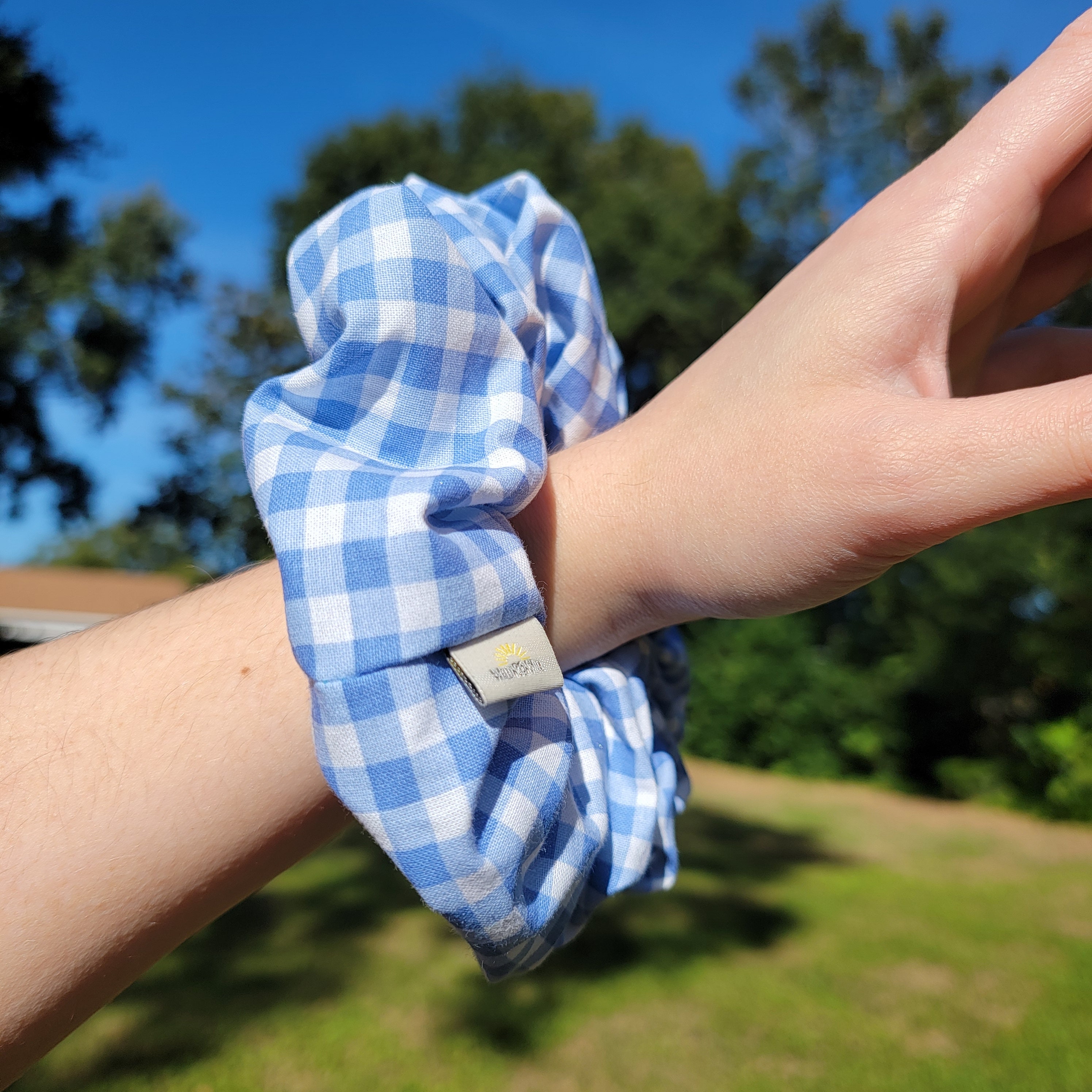 XXL Gingham Scrunchie: Blue and White Check Cotton Hair Tie  display picture 2