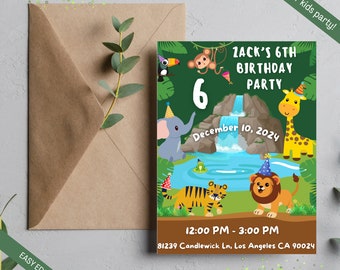 Jungle Birthday Party, Invitation Template, Editable Digital Invite, Instant Download, Kids Bday
