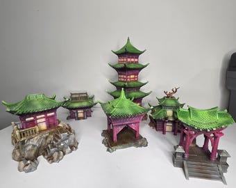 Hand-Painted Modular Pagoda Village Terrain Set - 3D Printed Fantasy Tabletop Scenery