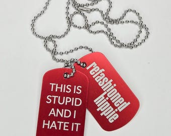Refashioned Red Aluminum Dog Tag Necklace: Engraved Hippie Design
