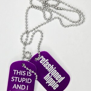Refashioned Hippie Dog Tag Necklace: Violet Hex Edition, Engraved