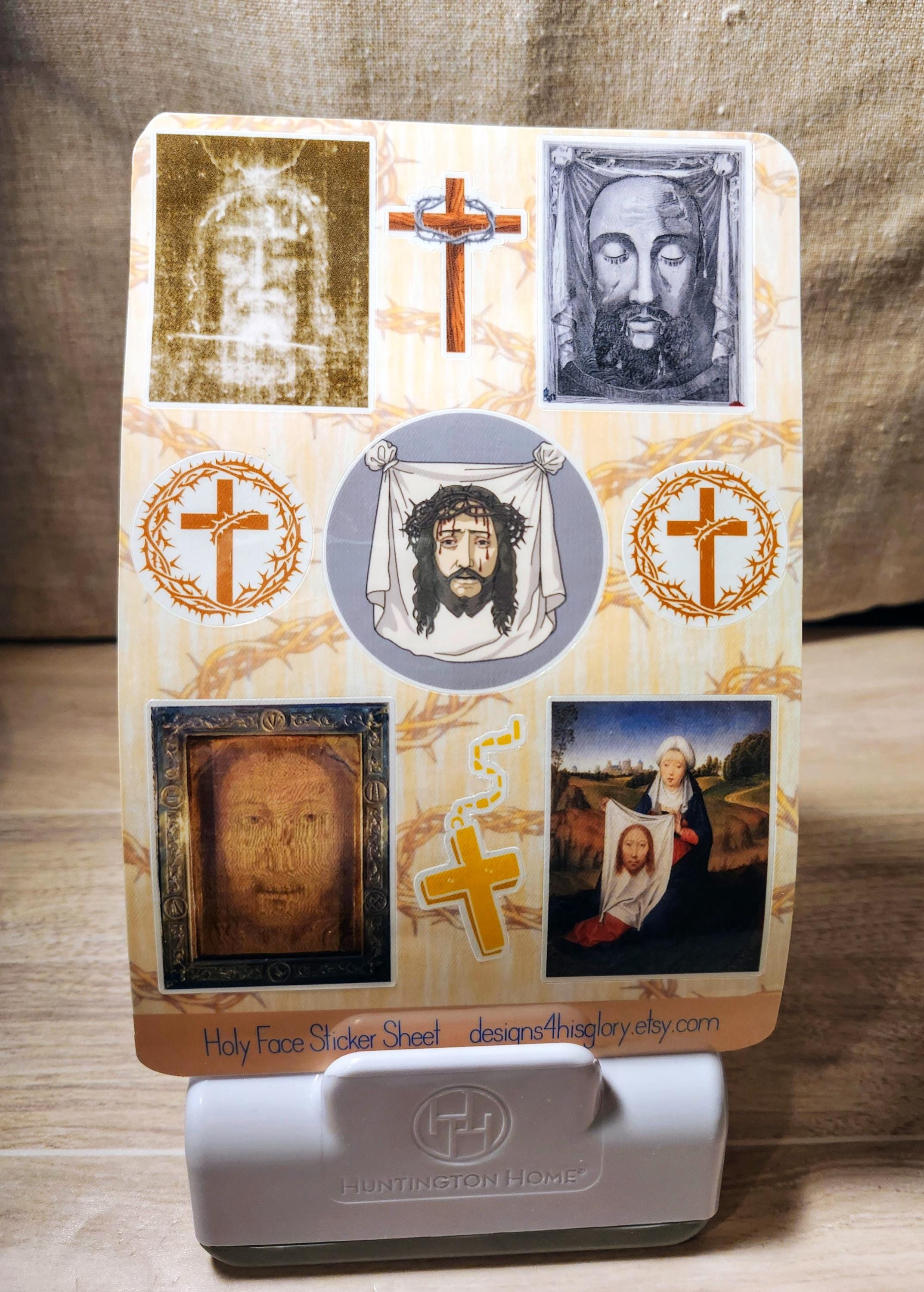 Holy Face Sticker Sheet Waterproof Vinyl Stickers Shroud of Turin Veronica's Veil of Manoppello St Veronica holding the veil with Jesus face