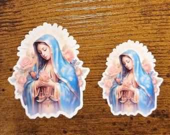 Blessed Mother Mary 2 Sizes Beautiful Hail Mary Waterproof Vinyl Sticker Pray for us Sinners Mother of God Intercessor Roses for Our Lady