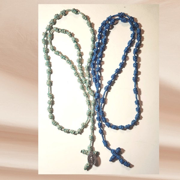 Knotted Rosary Handmade Lightweight Divine Mercy Chaplet Twisted Twine Variegated Colors Quiet with no beads Rosary Prayers How to Pray