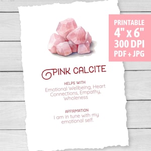 Pink Calcite Crystal Card - Printable - Pink Calcite Meaning - Jewelry Gift Tag - Crystal Label - Display Insert