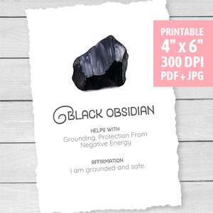 Black Obsidian Crystal Card - Printable - Black Obsidian Meaning - Jewelry Gift Tag - Crystal Label - Display Insert