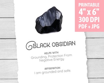 Carte de cristal d’obsidienne noire - Imprimable - Signification d’obsidienne noire - Étiquette cadeau de bijoux - Étiquette de cristal - Insert d’affichage