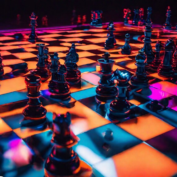 A chess board set up for a strategic game in hyper realistic brilliant neon  rainbow cyber punk