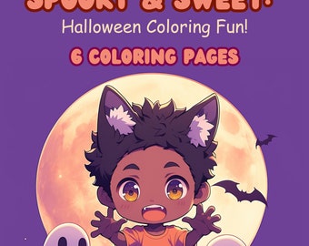 May include: A digital colouring book cover titled SPOOKY & SWEET: Halloween Colouring Fun! 6 COLOURING PAGES by Crafty Nita. It features a cartoon werewolf child with dark skin, wolf ears, and fangs, surrounded by two white ghosts and three orange jack-o'-lanterns against a large full moon and purple background.