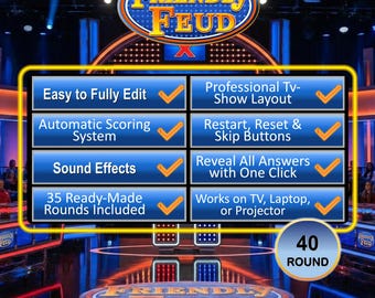Friendly Feud Family Game, Editable Powerpoint Game Show with Auto Score, Party Games for Adults & Families