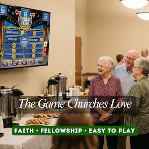 May include: A group of people are gathered, smiling, near a table with cookies and coffee urns. A television displays a game show called "Bible Feud". The text "The Game Churches Love" and "FAITH &bull; FELLOWSHIP &bull; EASY TO PLAY" are also visible.