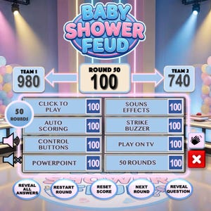 Può includere: Schermata di gioco per "Baby Shower Feud" con i punteggi per il Team 1 e il Team 2. La schermata mostra opzioni come "Clicca per giocare", "Effetti sonori" e "50 round". Il gioco è al round 50.
