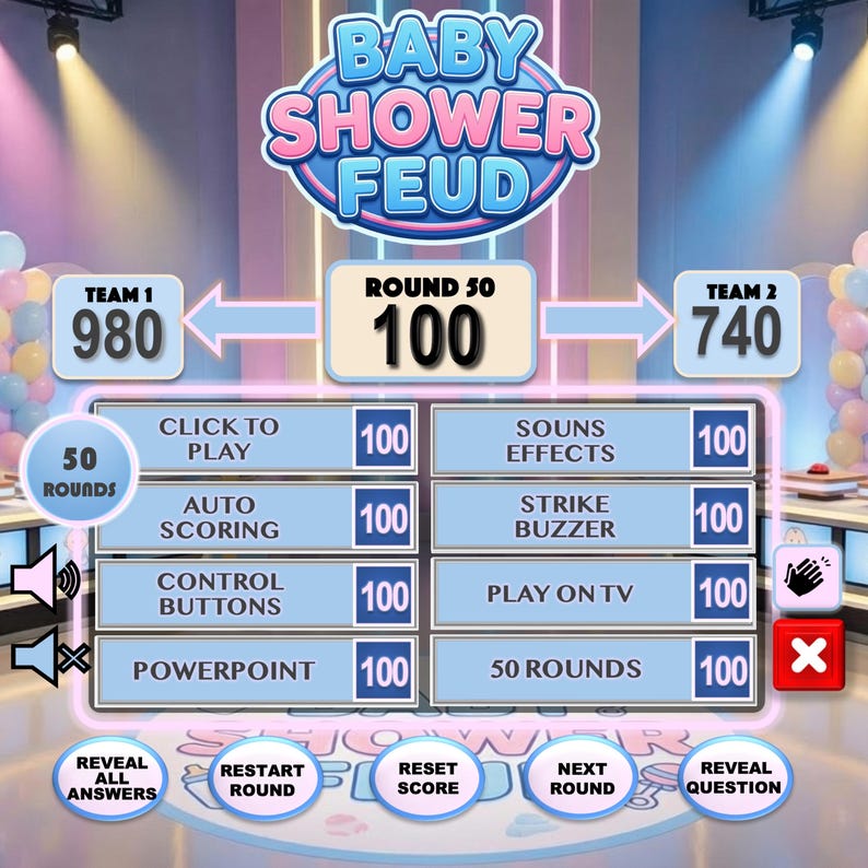 Puede incluir: Pantalla de juego para "Baby Shower Feud" que muestra las puntuaciones del Equipo 1 y el Equipo 2. El tablero del juego muestra opciones como "Hacer clic para jugar", "Efectos de sonido" y "50 rondas". El juego est&aacute; en la ronda 50.