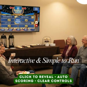 May include: A group of people are seated on a sofa, watching a Bible Feud game on a large screen. The screen displays game information. The text "Interactive & Simple to Run" is displayed below the screen, along with "CLICK TO REVEAL &bull; AUTO SCORING &bull; CLEAR CONTROLS."