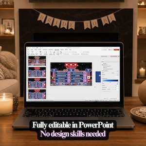 May include: A laptop displaying a game show template with the text "BRIDE TO BE" on a banner. The screen shows a game board with the word "FEUD" and the text "Fully editable in PowerPoint No design skills needed".