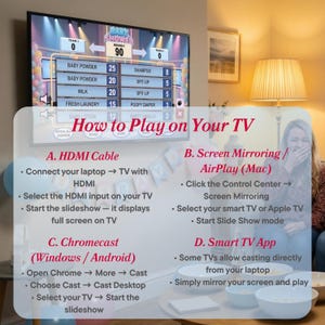 Puede incluir: Una pantalla de televisi&oacute;n muestra un gr&aacute;fico de programa de juegos con el texto "Baby Shower" y marcadores. Las instrucciones sobre c&oacute;mo jugar en un televisor se enumeran debajo de la pantalla, incluidas las opciones de cable HDMI, duplicaci&oacute;n de pantalla, Chromecast y aplicaci&oacute;n de TV inteligente.