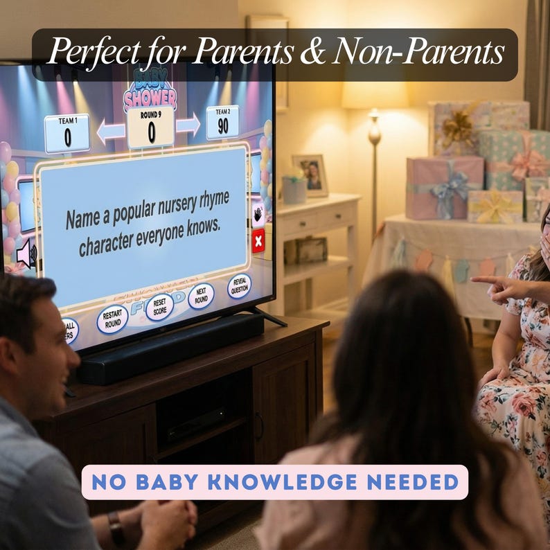 Puede incluir: Una pantalla de televisi&oacute;n muestra un juego de baby shower con la pregunta "Nombra un personaje de rima infantil popular que todos conozcan." El juego est&aacute; configurado para equipos, con las puntuaciones visibles. Tambi&eacute;n se muestra el texto "Perfect for Parents & Non-Parents" y "NO BABY KNOWLEDGE NEEDED".