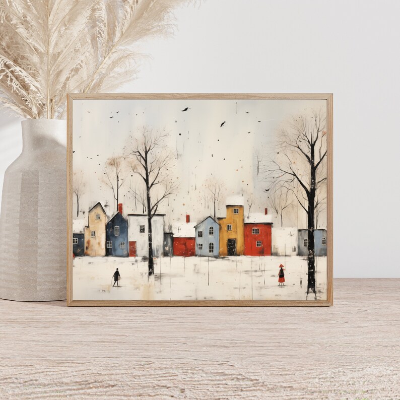 Vintage Printable Winter Snow Landscape Wall Art Farmhouse Painting, Fall Wall Art Christmas
