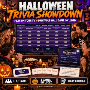 May include: A Halloween Trivia Showdown digital game set featuring a TV display with categories like Trick or Treat and Monster Mash, a laptop screen, printable game cards, a pumpkin bowl, and a black mug with Trick or Treat text.