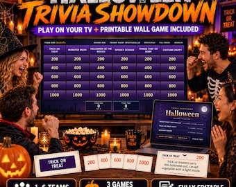 Halloween Trivia Game,  Holiday Party Family Group Games, Printable and HTML Halloween Jeopardy Games for Adults and Kids